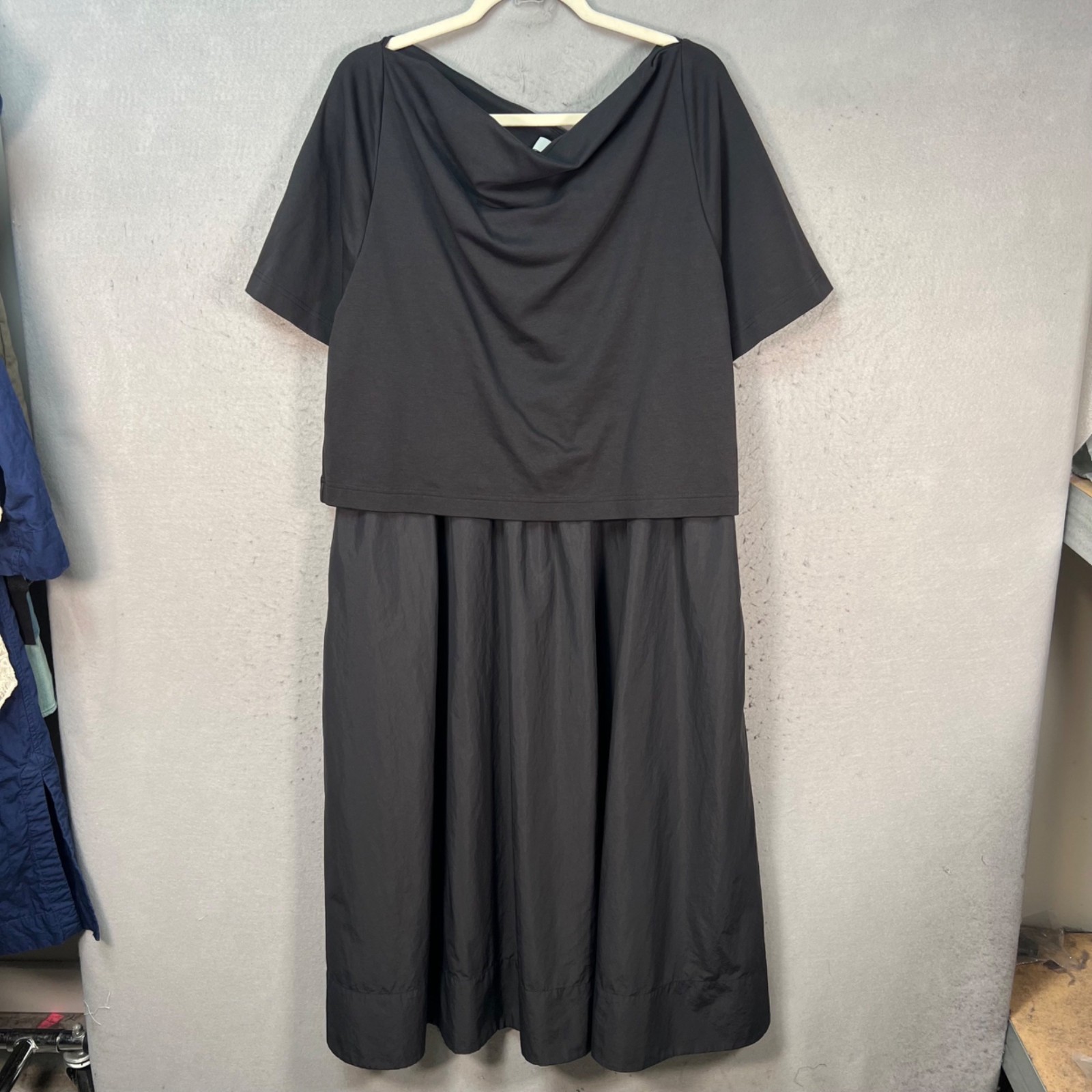 COS Womens Large Black Maxi Dress Draped Neckline & Mixed Fabric Design