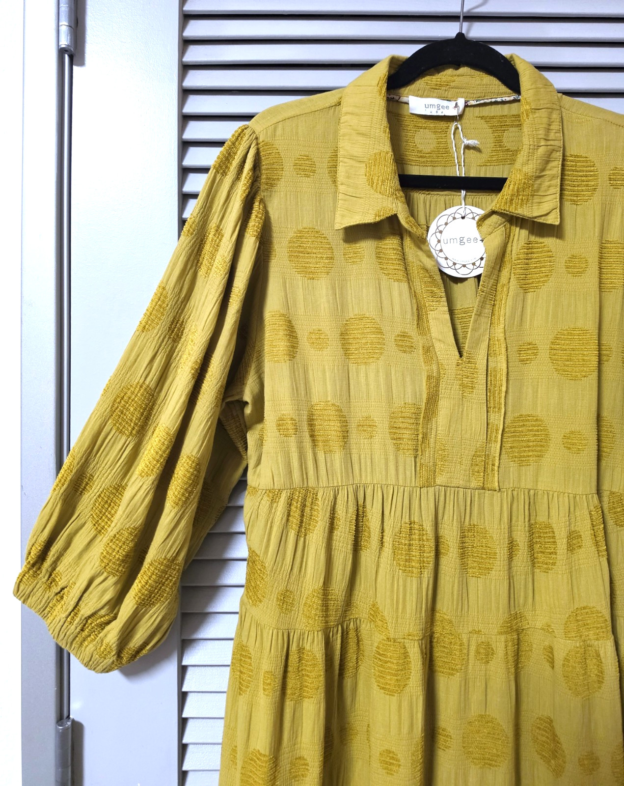 3/4 kiwi dot texture collar tiered maxi long dress 1XL