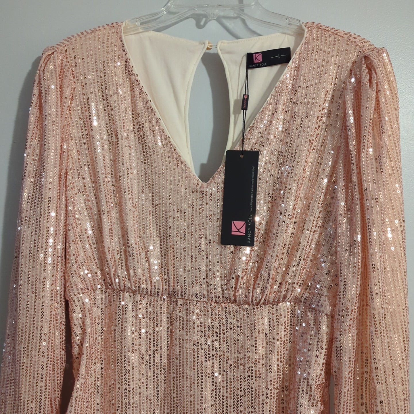 KANCY KOLE Sequin Dress VNeck Puff Long Sleeve Side Ruched Bodycom Jr Miss L NWT
