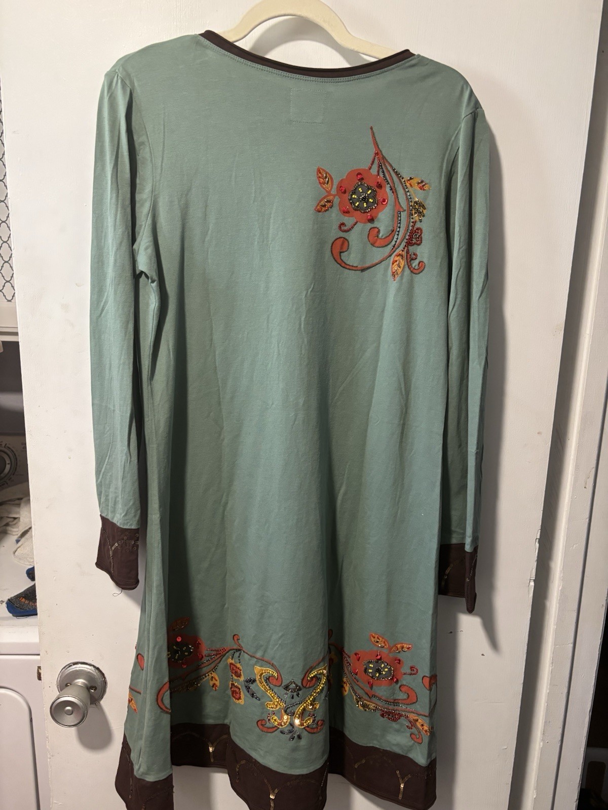 Double D Ranch Tunic Dress Embroidered Beaded Floral Long Sleeve V Neck Size S