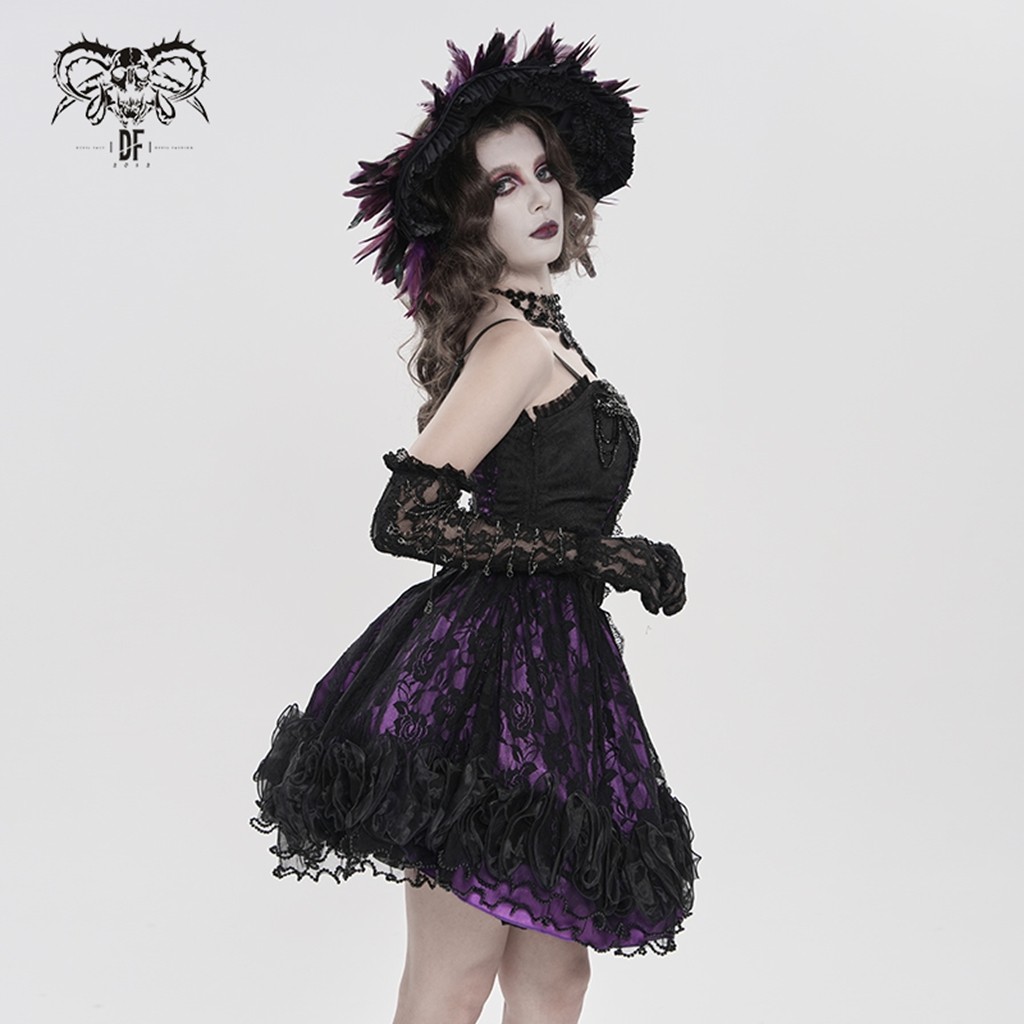 Devil Fashion Women Goth Victorian Beaded Floral Lace Corset Short Lace-Up Dress