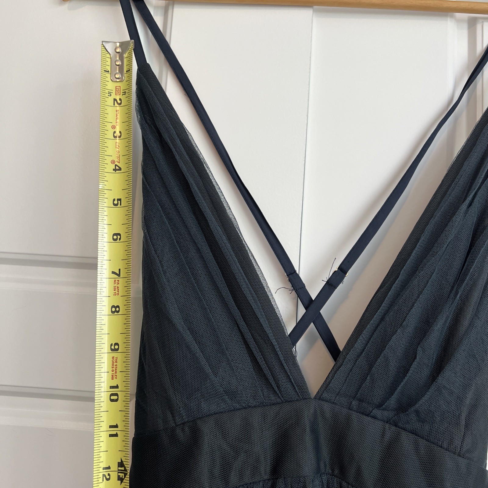 Luxxel Halter Strap Formal Gown Steel Blue Long Tulle Dress Ladies, size L NEW