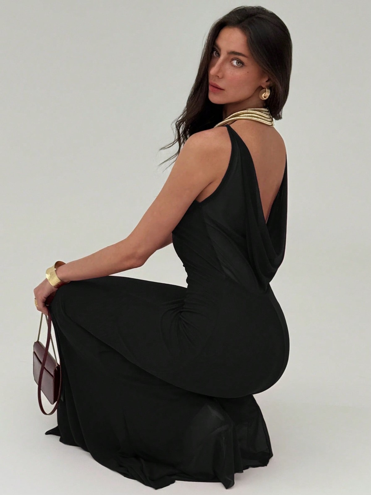 Women Elegant Pleated Plunging V Neck Maxi Dress