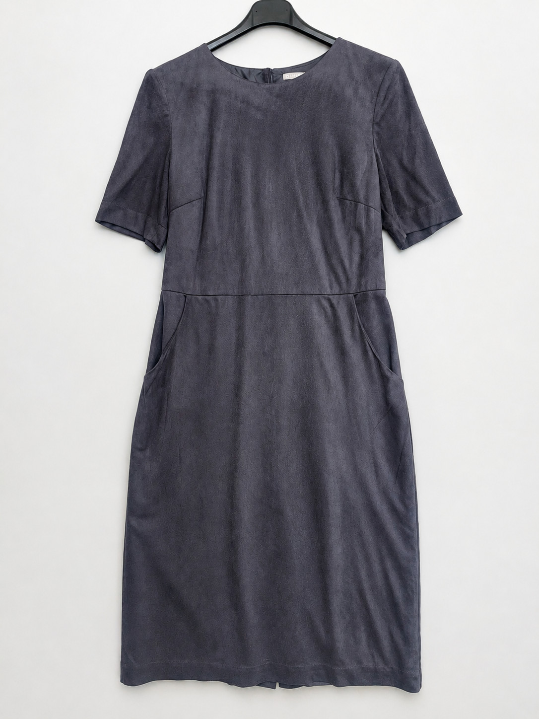 Oliver Bonas Grey Faux Suede Dress UK 12 Midi Pockets Overlay Smart Workwear