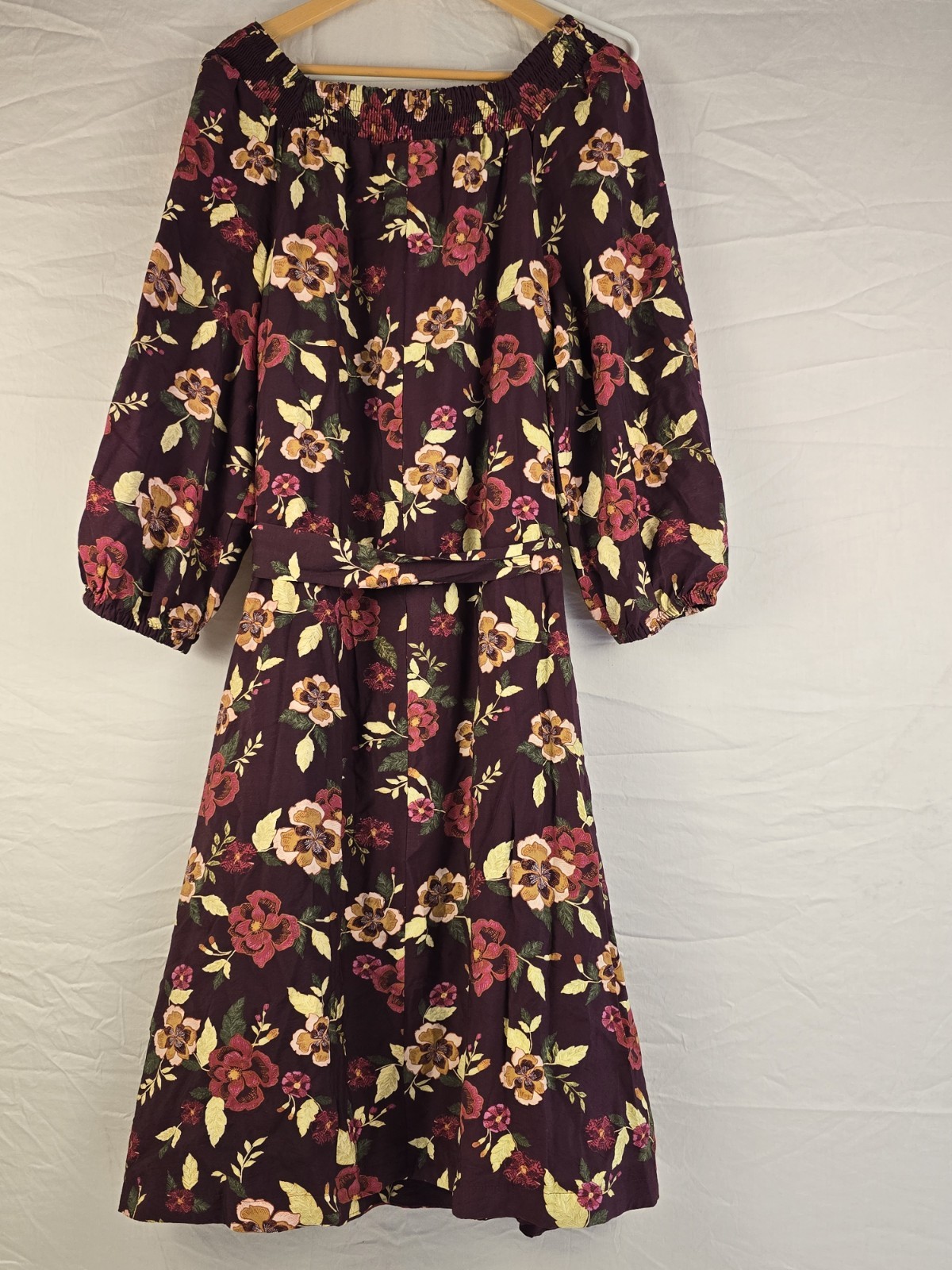 Lane Bryant Purple Floral Smocked Square Neck Belted Lined Midi Dress 14/16