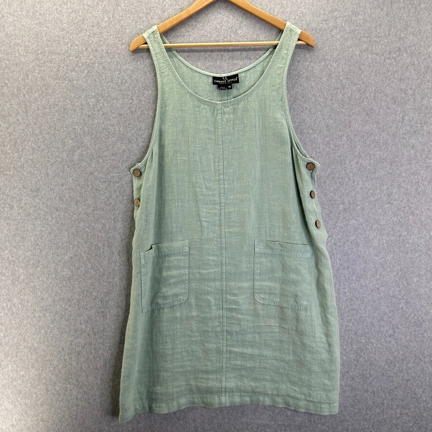 Vntg Carole Little 14 Tank Dress Linen Sleeveless Shift Button Side Pale Green