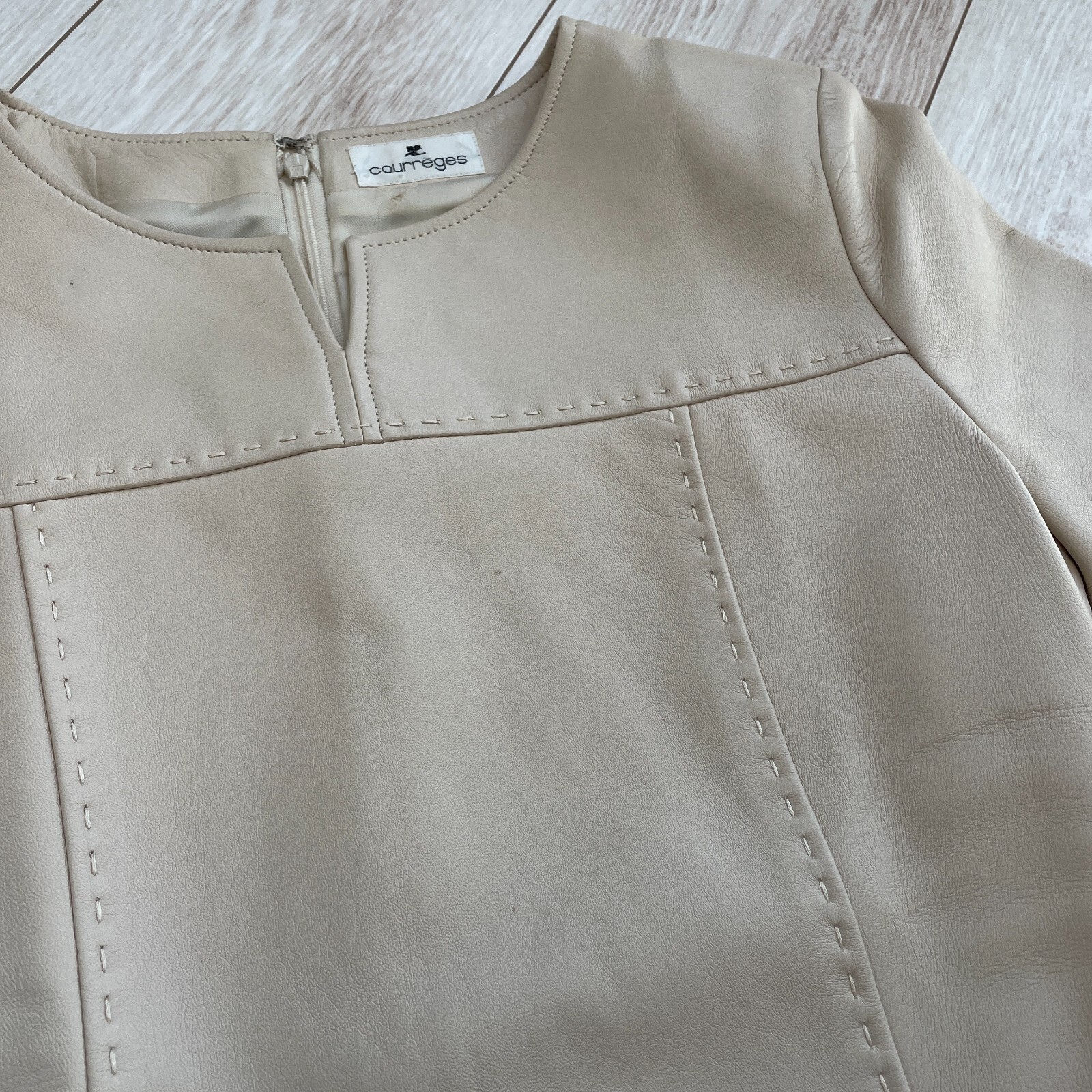 Courreges Sheepskin Lamb Leather Dress Beige Zip Woman Size L US/S-M Japan Rare