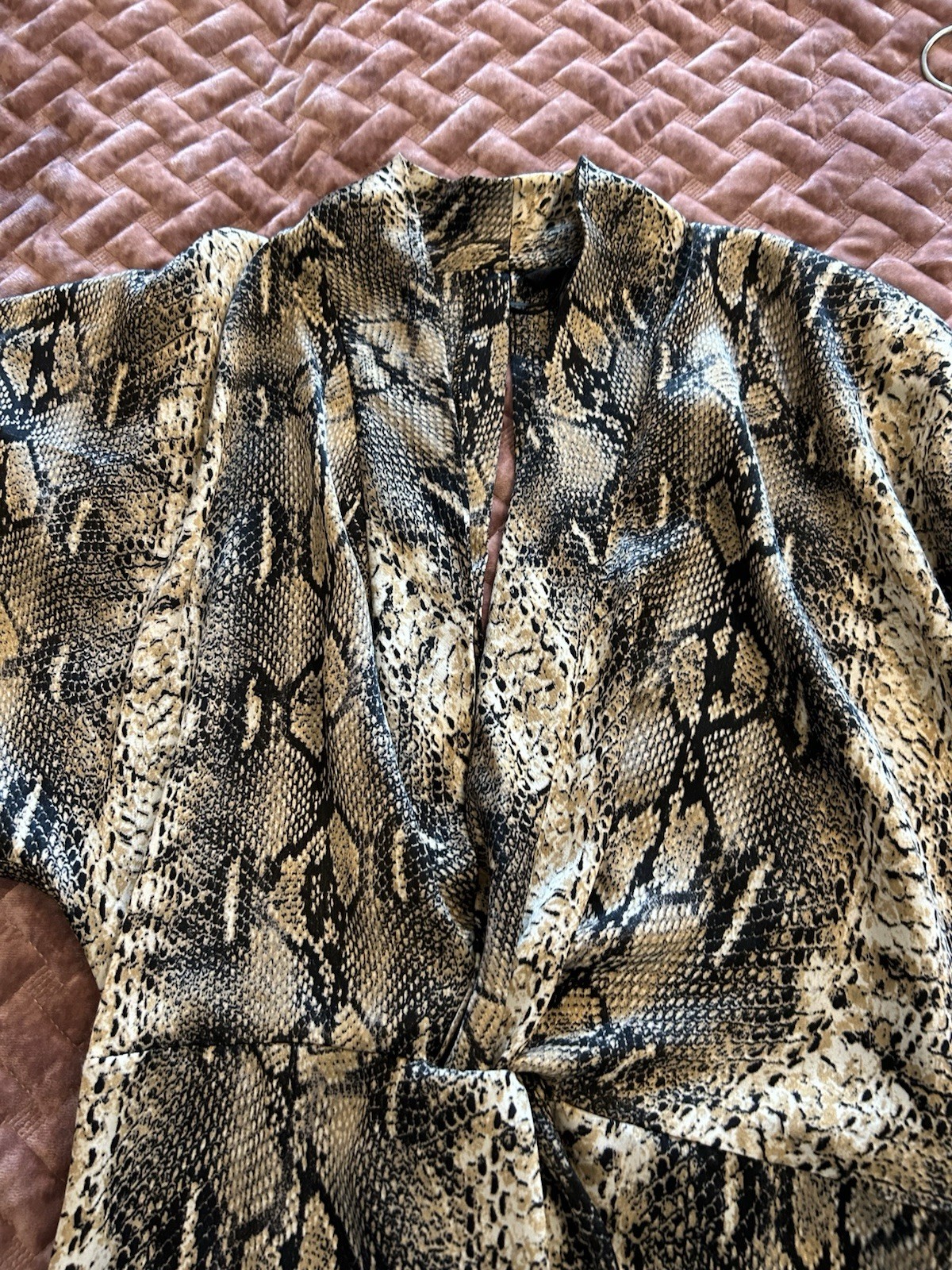 NWT Storia Size Small Snakeskin Dress Mini 3/4 Sleeve Ruched At Waist Party Boho