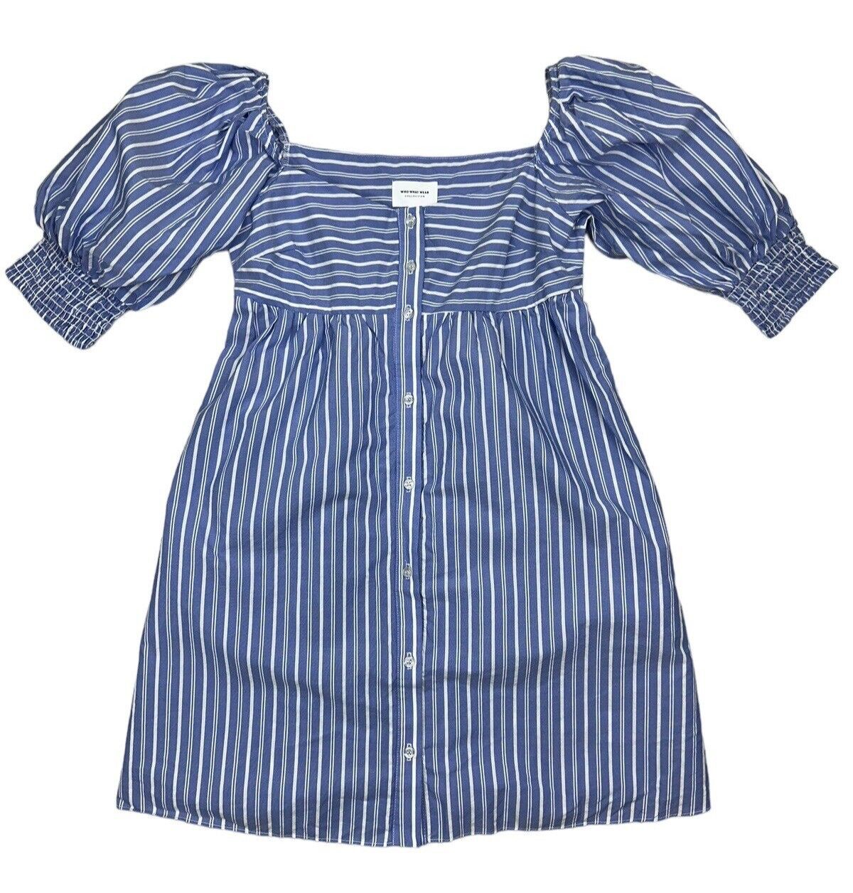 WHO WHAT WEAR Womens Puff Shoulder Striped Mini Dress Size S Square Neck Babydol