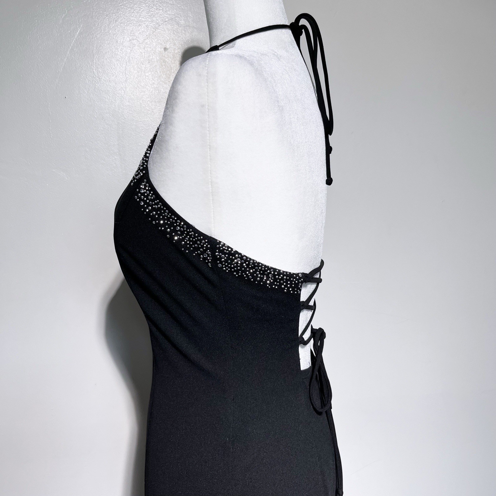 Vintage 90s Blondie Nites Black & Silver Bedazzle Halter Lace Up Back Maxi Dress