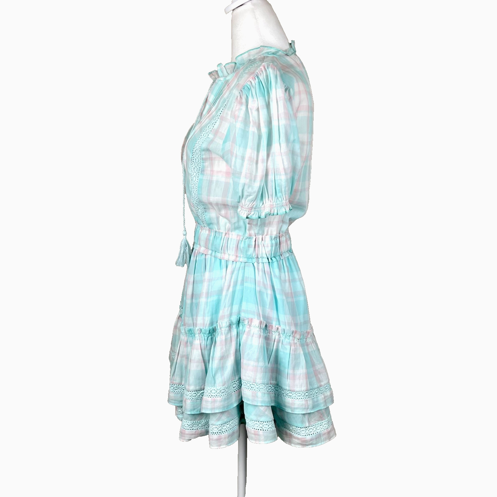 Mable Pastel Plaid Tiered Mini Dress Cotton Cottagecore Coquette Sz S NWT