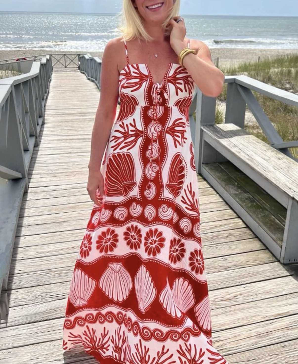 NWOT Like My Choice Red & White Tropical Shell/coral Print Maxi Beach Dress Sz L
