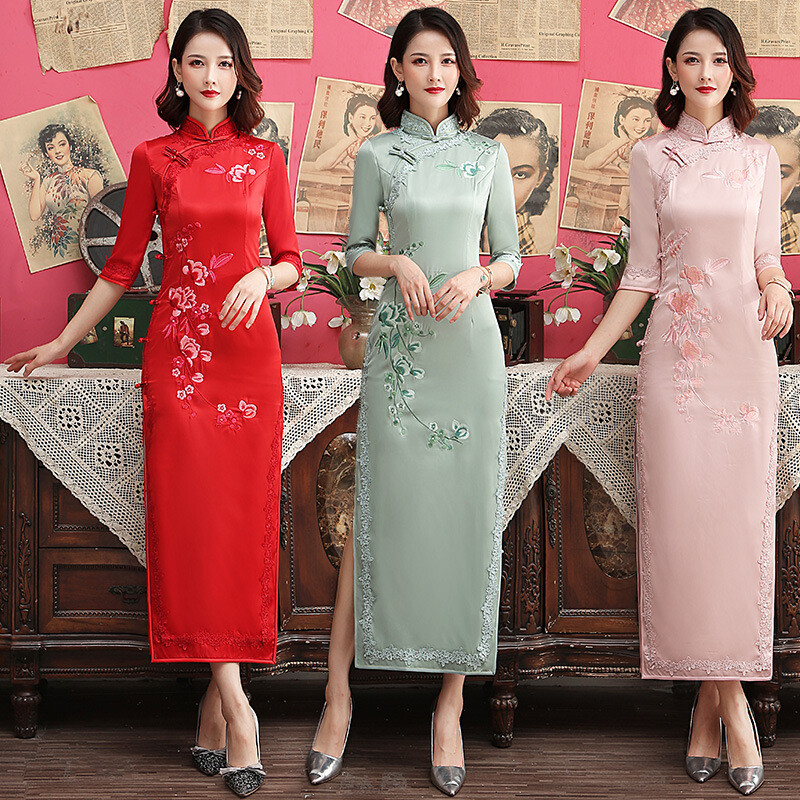 Cheongsam Dress Chinese Qipao Women Long Classic Brocade Silk Embroidered Flower
