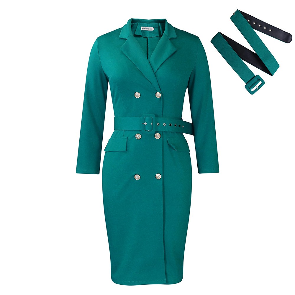 Temperament Commuter OL Suit Collar Solid Color Double-breasted Large Size Dress