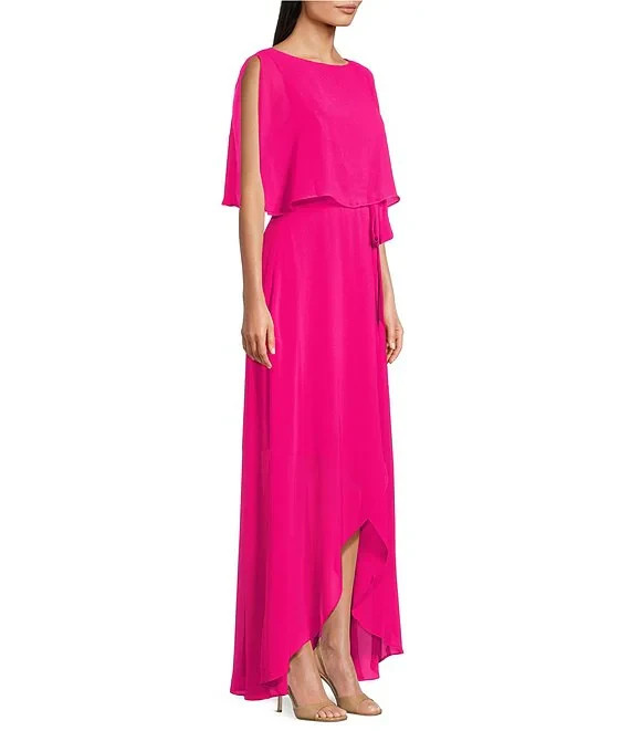 NWT Jessica Howard 8 Hot Pink Maxi Dress Souffle Chiffon Faux Wrap Capelet Dress