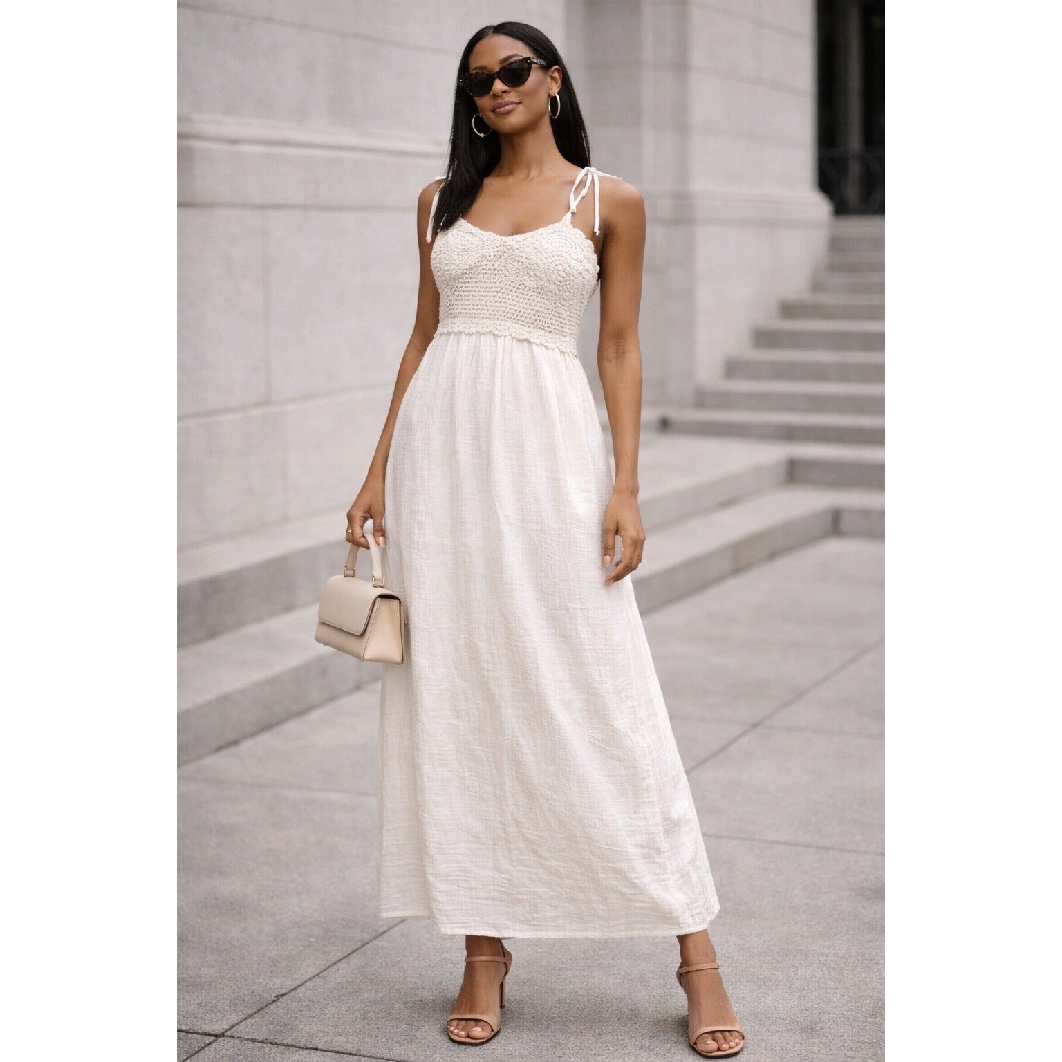 Universal Thread Dress Womens XS White Crochet Bodice Maxi Sundress Boho Lined