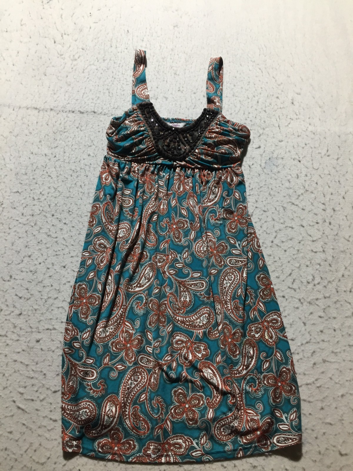 Candies Tank Dress Womens S Small Teal Multicolor Paisley Beaded V Neck Stretch