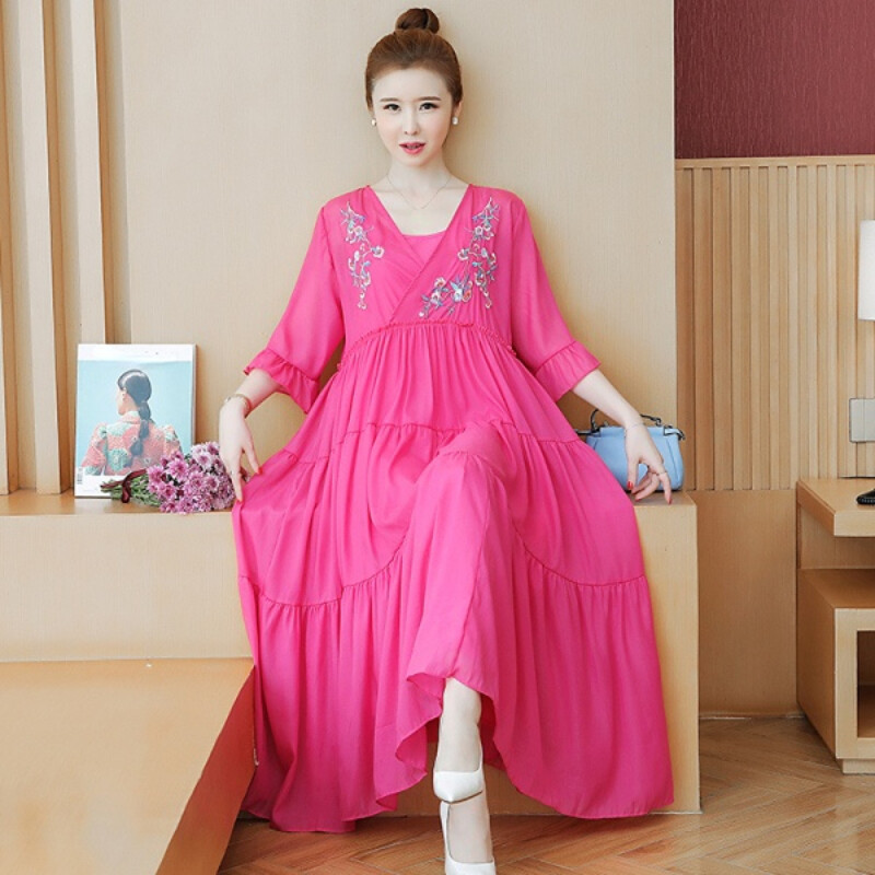 Women Floral Embroidery Chiffon Mesh Dress Chinese Ethnic Ruffle Pleated Loose