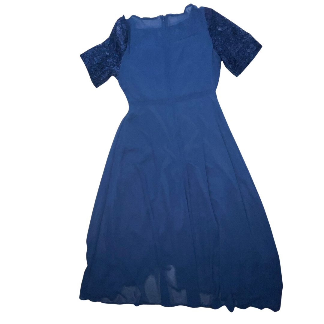 TS Conture Dress S Navy Blue Tea Length Embroidered Lace Bodice Chiffon Skirt