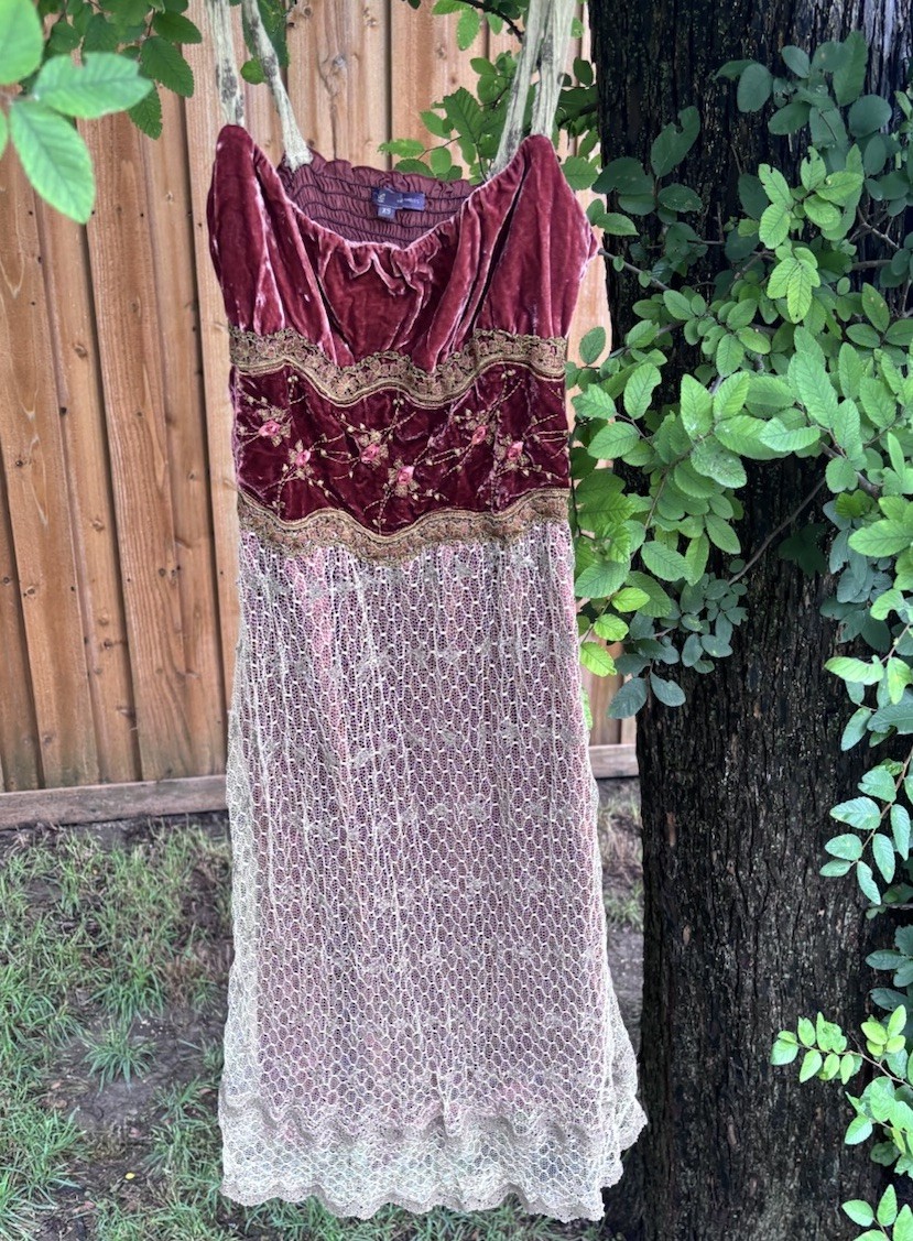 RARE Vintage Hale Bob 100% Silk Mesh Babydoll Velvet Burnout Maroon Dress Sz XS