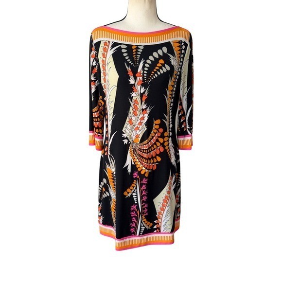 Ali Ro Boatneck Shift Dress Y2K Anthropologie 3/4 Sleeve Colorful Abstract Mod 8