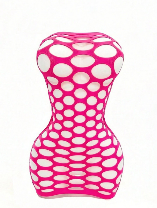 Sexy Hot Pink Fishnet Mini Dress Strapless Lingerie Clubwear Sheer Bodycon Party