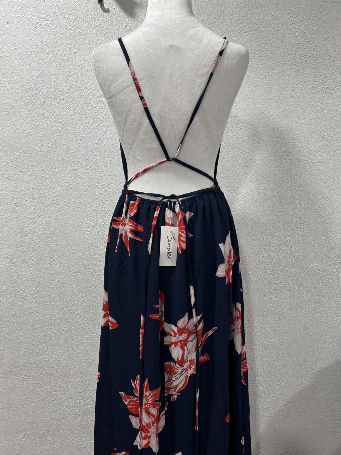 Simplee Floral Maxi Dress Large Navy Orange V-Neck Halter Mock Wrap High Slit