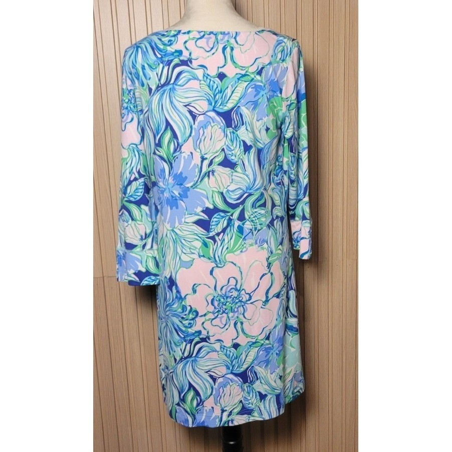 Lilly Pulitzer Hollee Dress Blue Pink Floral Boatneck 3/4 Sleeve Gold Buttons L