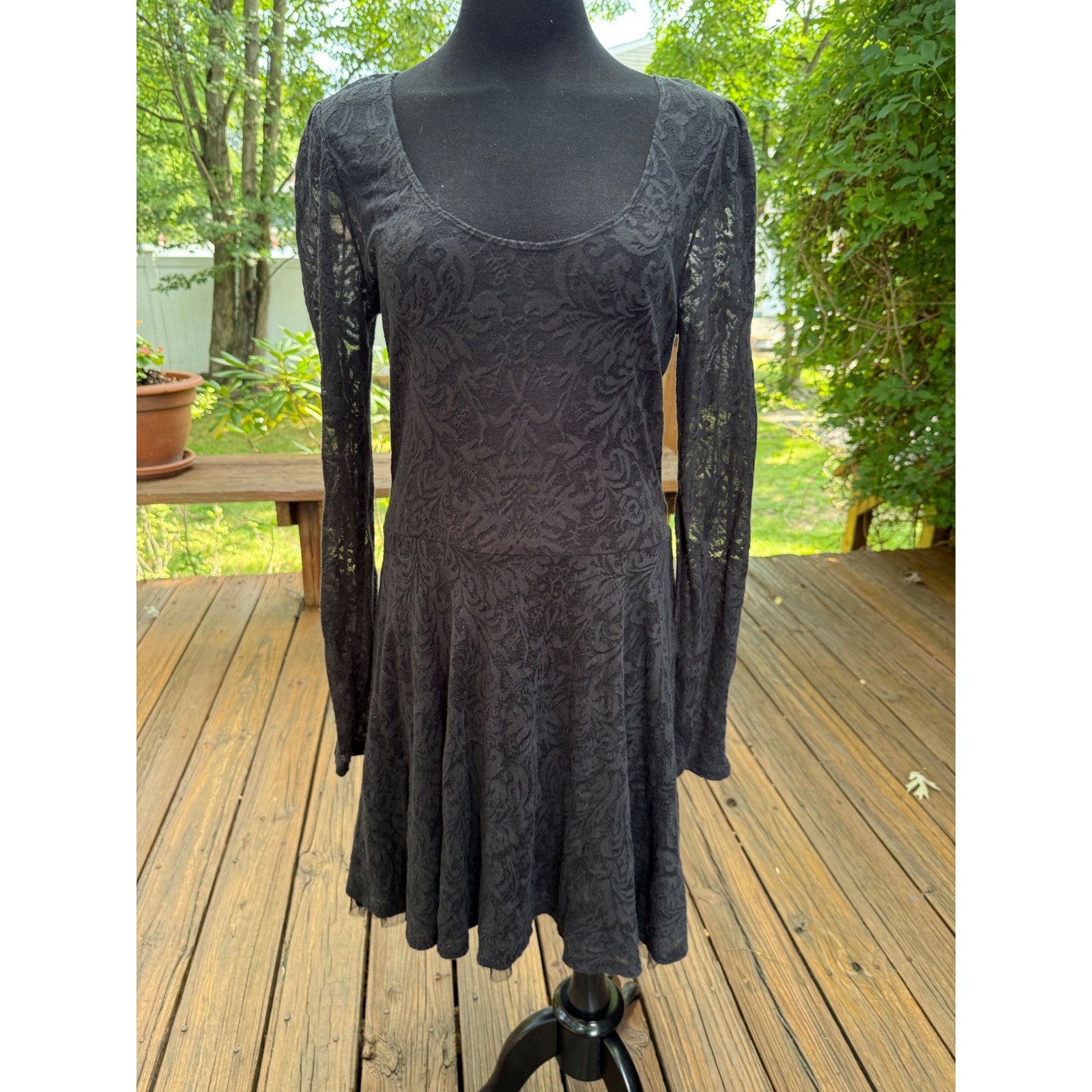 Free People Black Floral Lace Long Sleeve Fit Flare Dress Tulle Trim Womens L