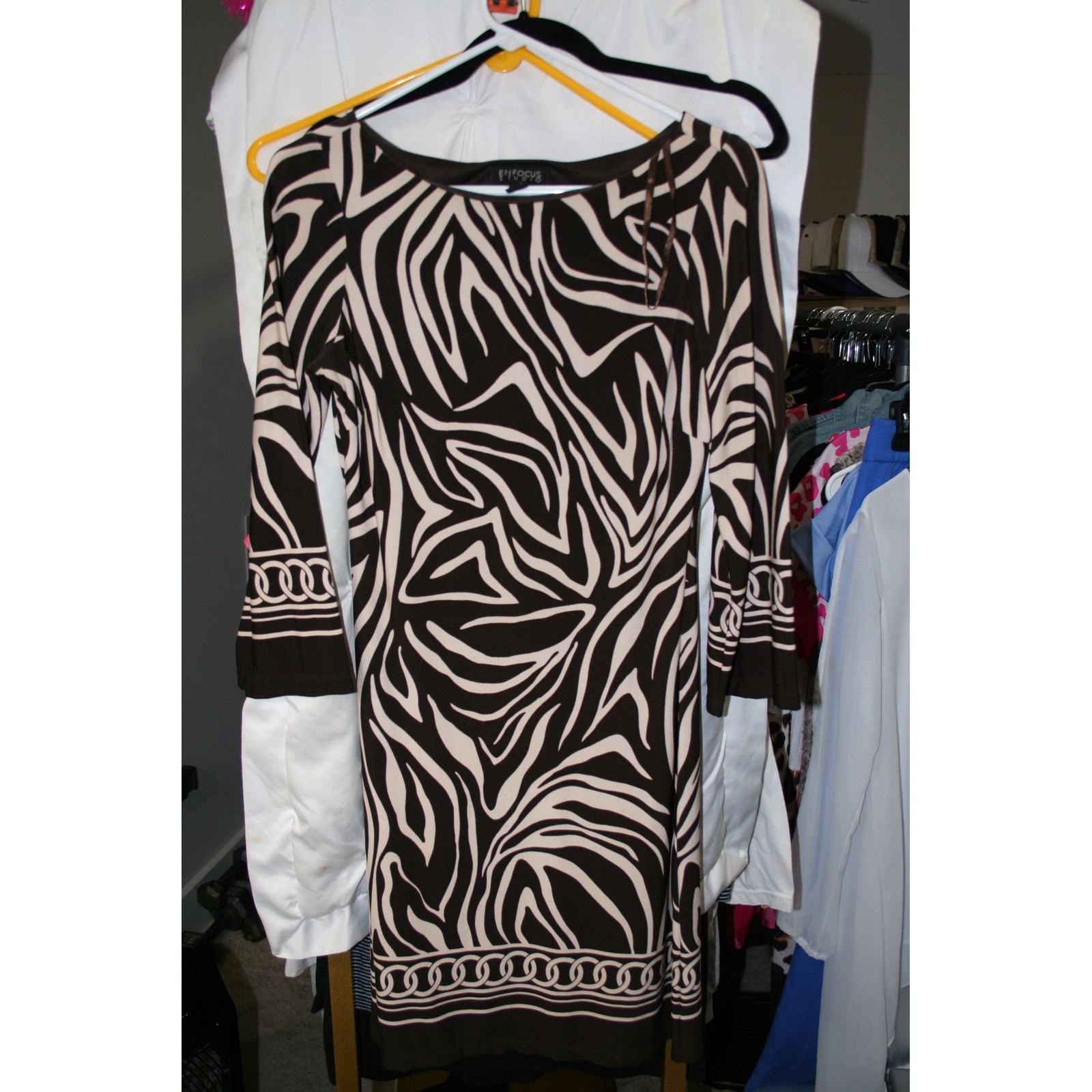Enfocus Studio Brown Zebra Print Sheath Dress 3/4 Sleeve Boat Neck 4598E-28516
