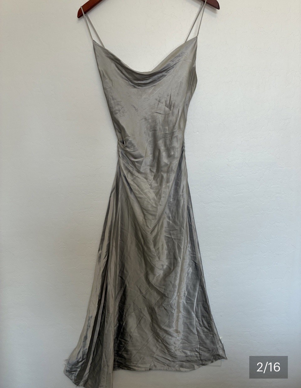 Zara Satin Effect Midi Dress Metallic Silver Cowl Neck Ruched Draped Side S NWT