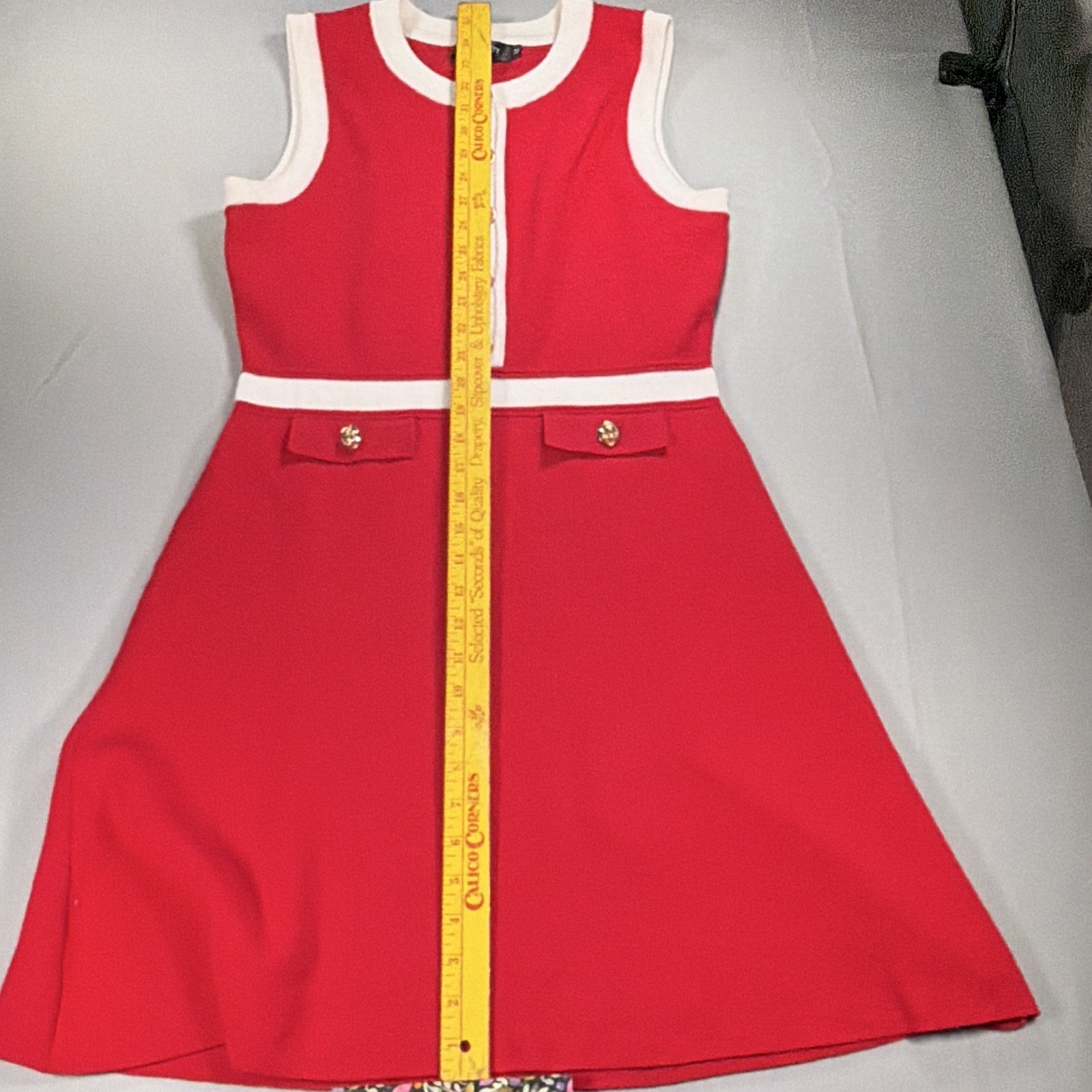 MEROKEETY Red/White Sleeveless Knit A-Line, gold buttons, 60’s mod inspired.