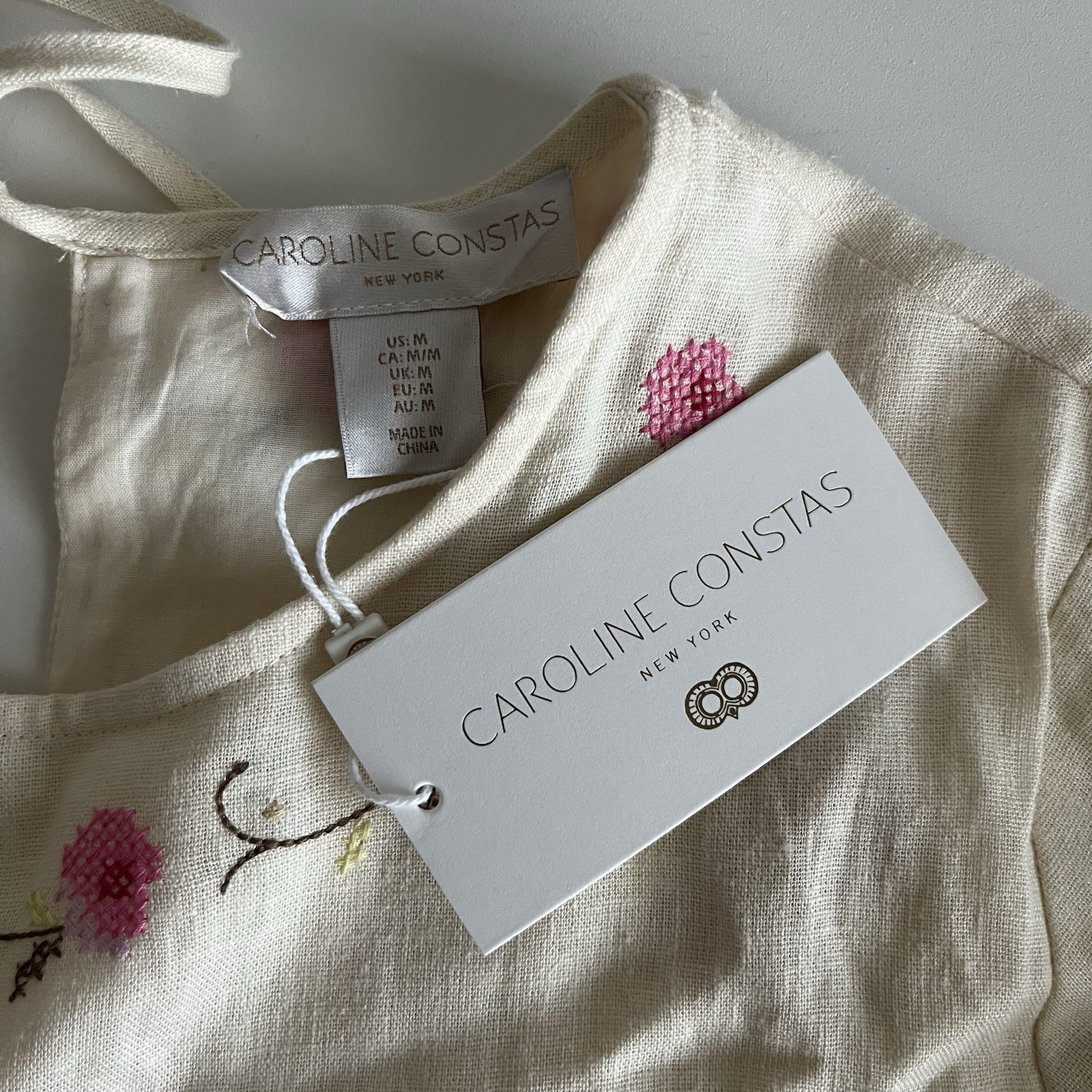 Caroline Constas Floral Embroidered Mini Dress M Cream Linen Cottagecore Costal