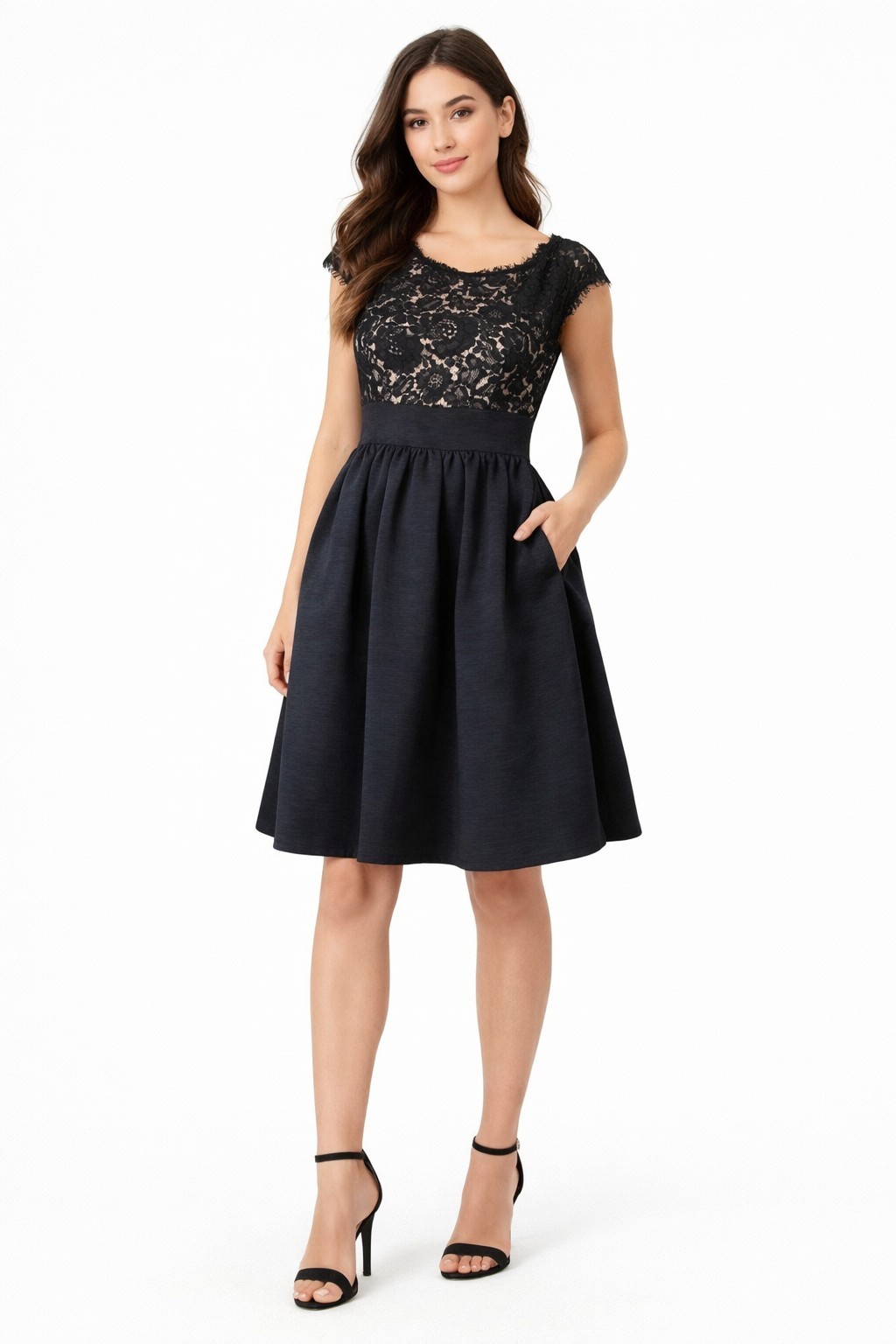 Eliza J Lace And Faille Cocktail Dress Black 14 Structured Fit & Flare Pockets