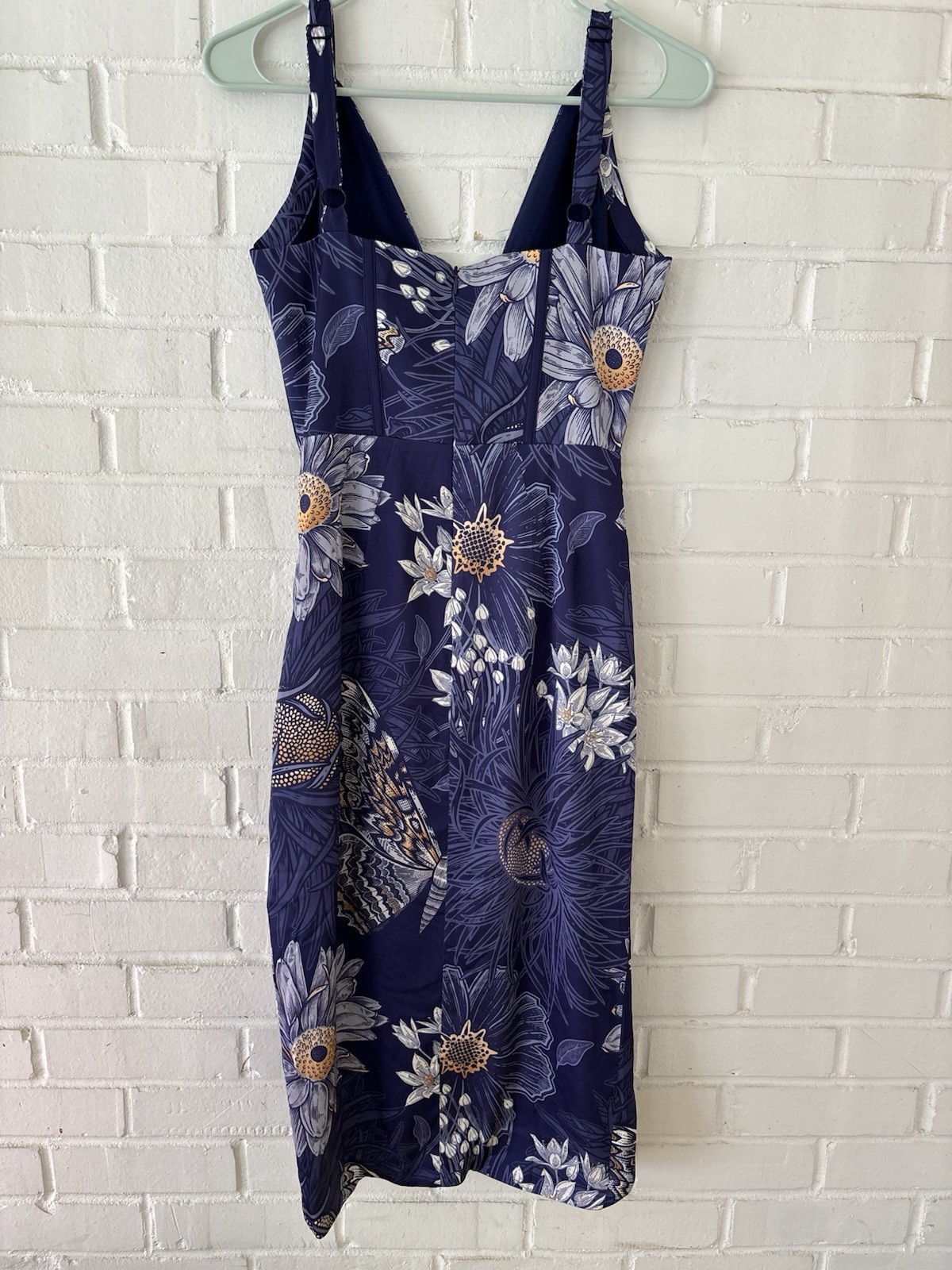 Averie Dani Draped Midi Dress Navy Blue Floral Fauna Print Corset Bustier Sz XS