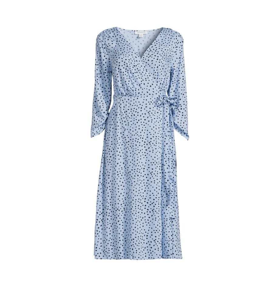 Beach Lunch Lounge Womens Small Blue Print Wrap Midi Dress V-Neck 3/4 Sleeve NWT