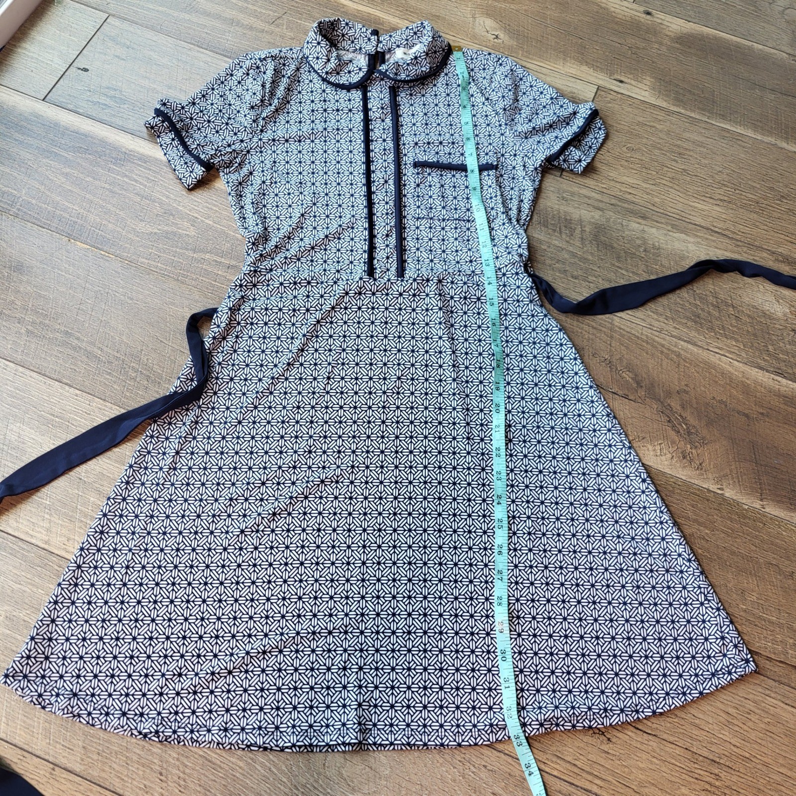 Monteau Los Angeles Navy White Geometric Peter Pan Collar Tie Waist Dress Small