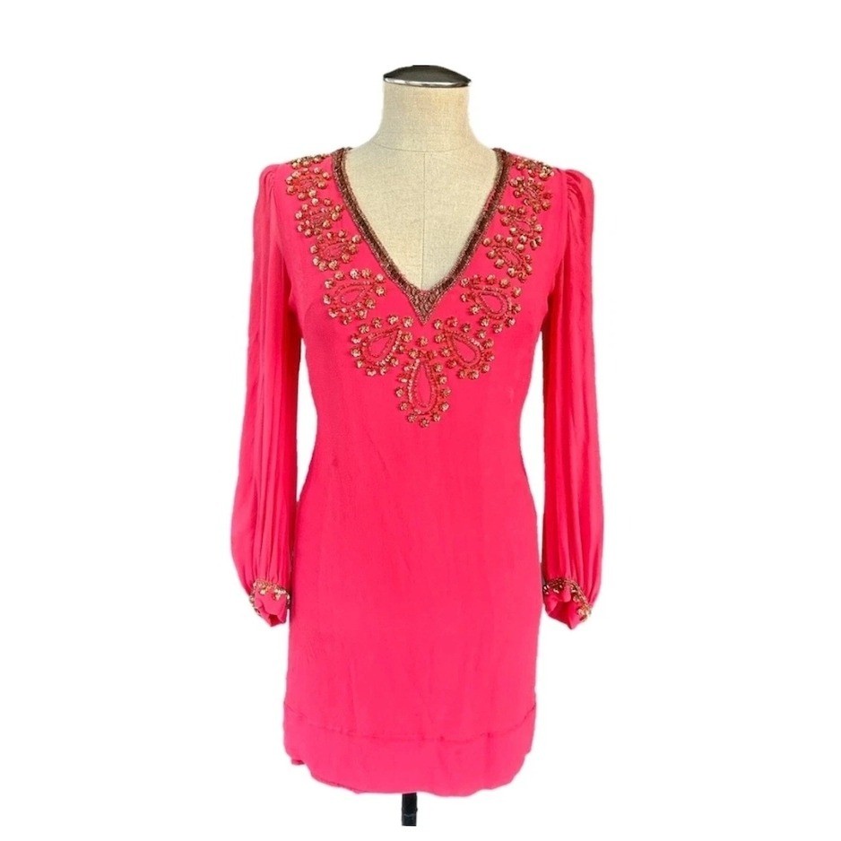 French Connection Shift Dress Silk-Georgette Sequined Coral V-Nick US10 UK14
