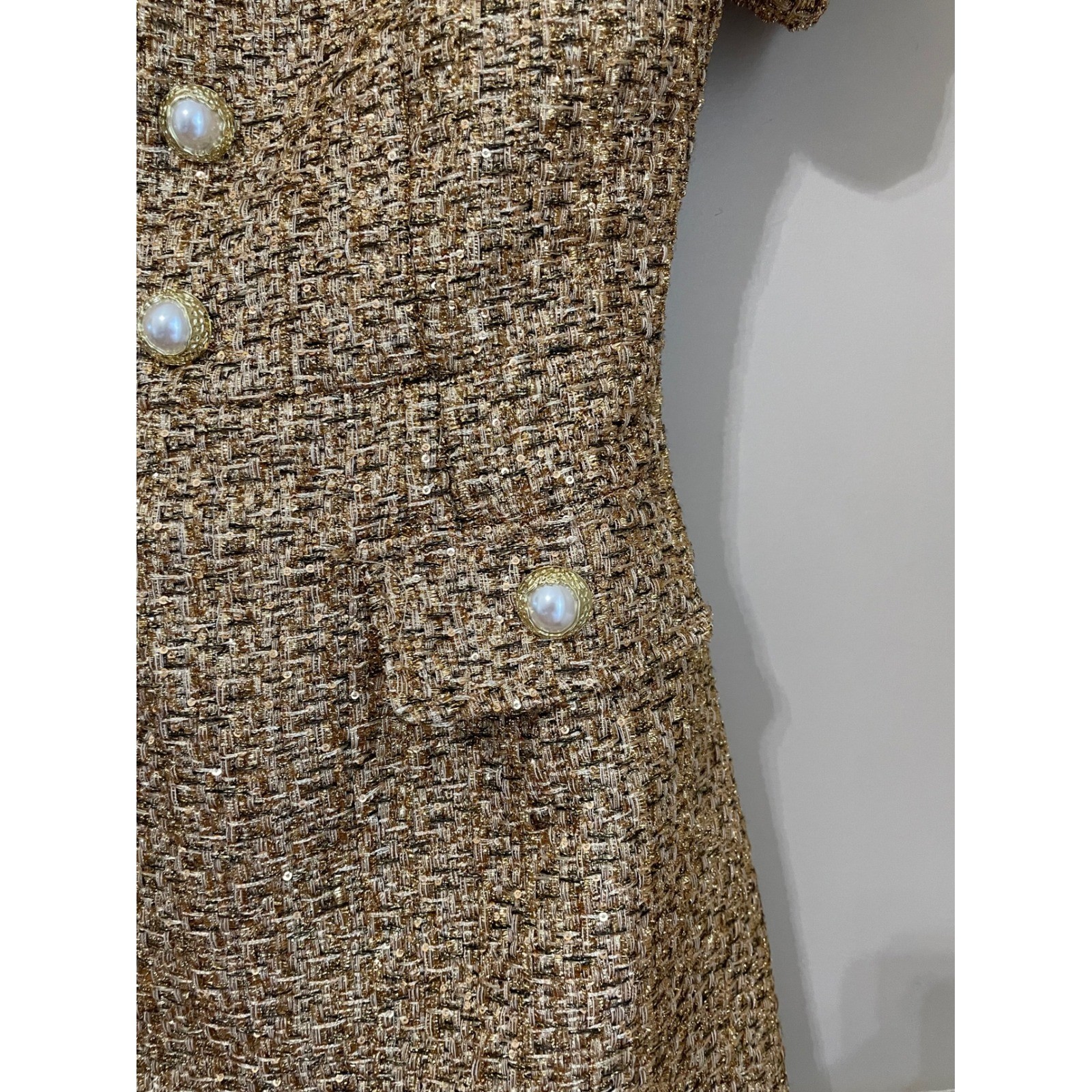 Miss Rosier Size S Arna Gold Metallic Tweed Mini Dress Short Sleeve