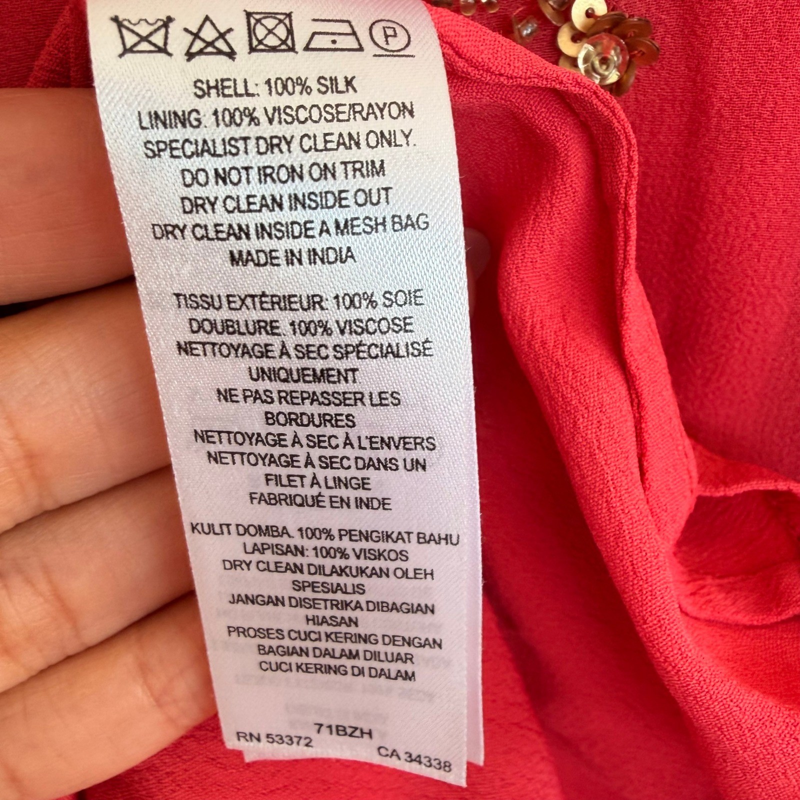 French Connection Shift Dress Silk-Georgette Sequined Coral V-Nick US10 UK14