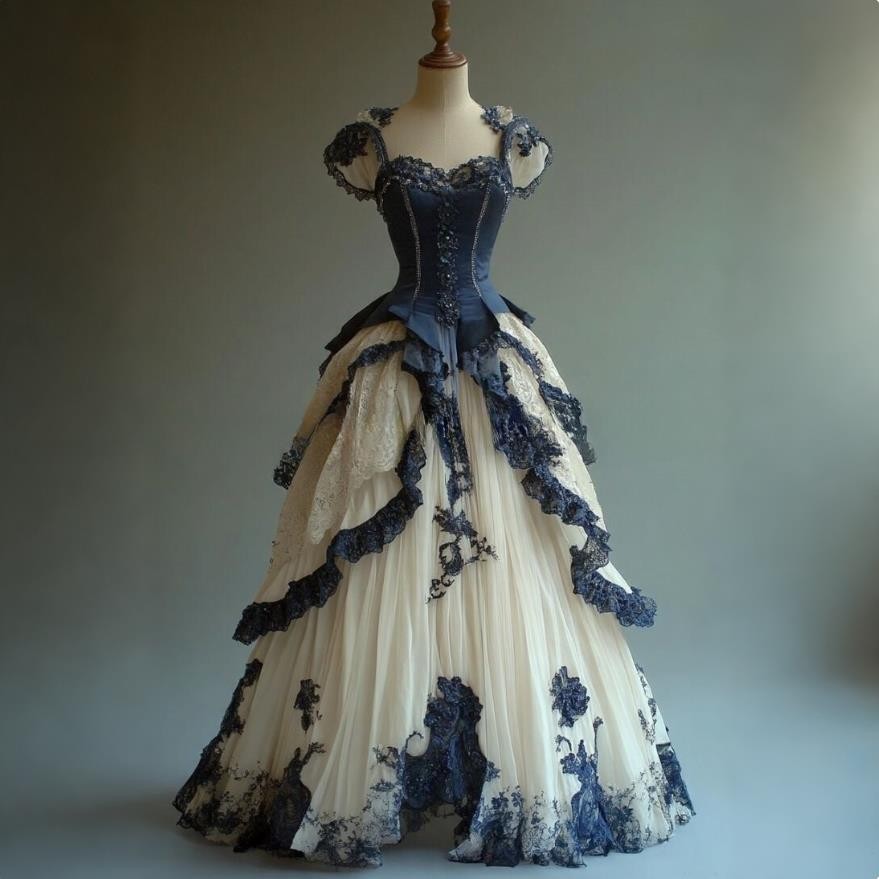 Vintage Victorian Fantasy Evening Gowns Corset Lace Appliques Pleated Prom Dress