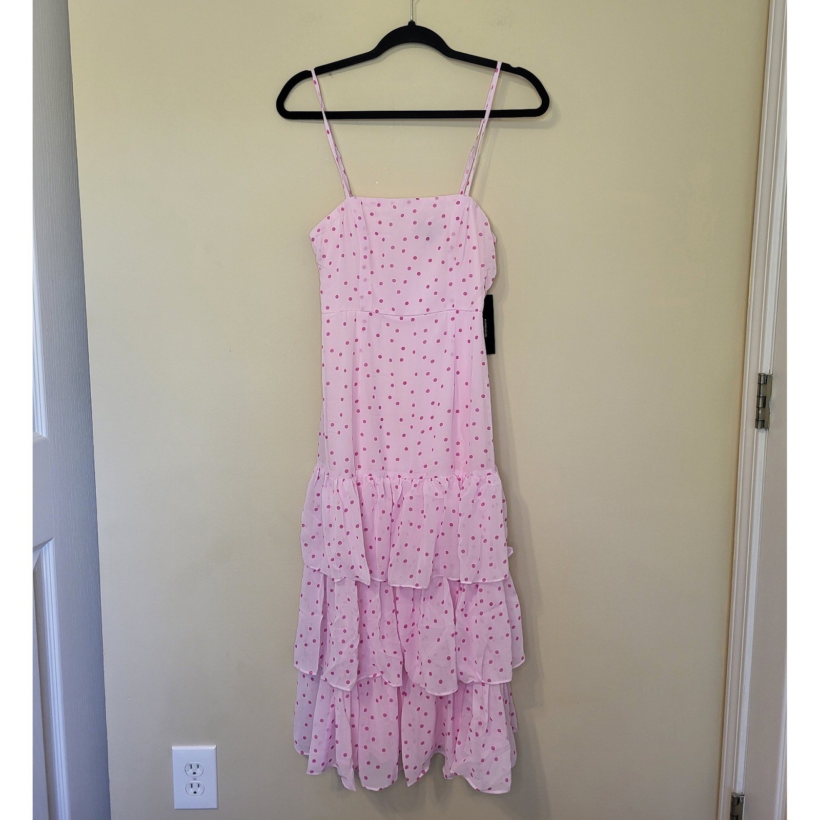 Lulus Pink Polka Dot Tiered Chiffon Midi Dress Womens Small NWT