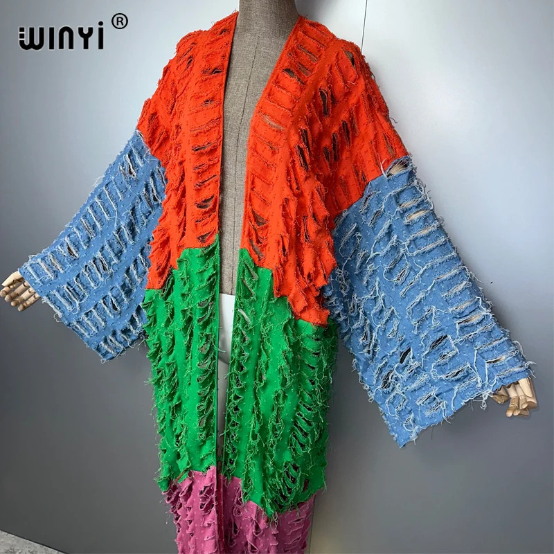 Kimono Colored Denim Cardigan Maxi Dress Beach Wear Cover-Up Abaya Dubai Luxury
