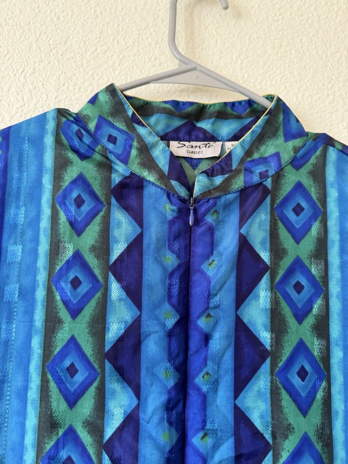 Sante Classics Women M Blue Green Geometric Print Button Front Long Dress Zipper
