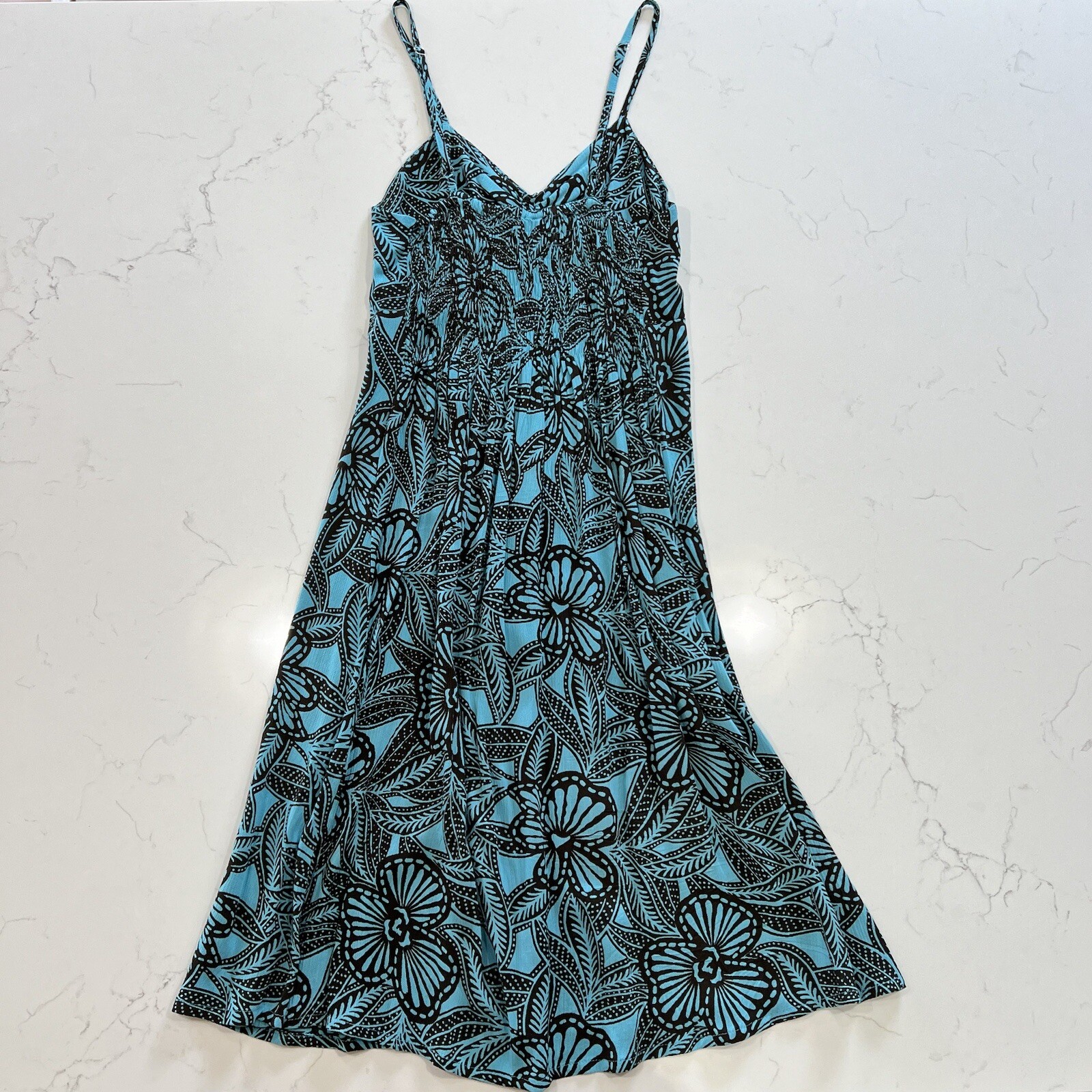 Piramide Clothing Company Handmade Teal & Brown MIDI Dress 100% Rayon Sz M EUC
