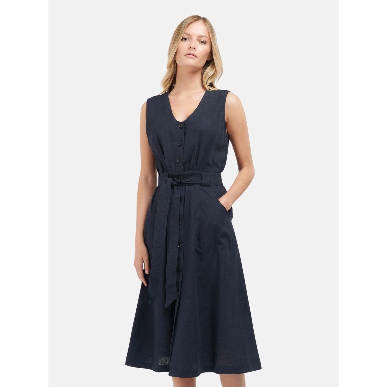 Barbour | Rutherglen Cotton Linen Midi Dress 6 Navy Blue Button Front Belted