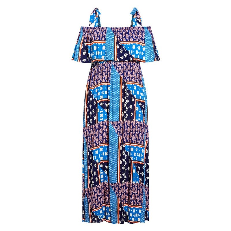 Evans Patchwork Maxi Dress 14 Sundress Floral Ruffle Patriotic Cottagecore XL
