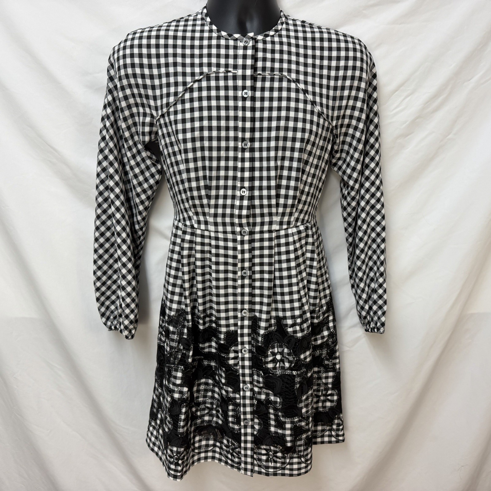 NEW PEARL BY LELA ROSE BLACK WHITE CHECK FLORAL EMBROIDERED BUTTON FRONT DRESS 0