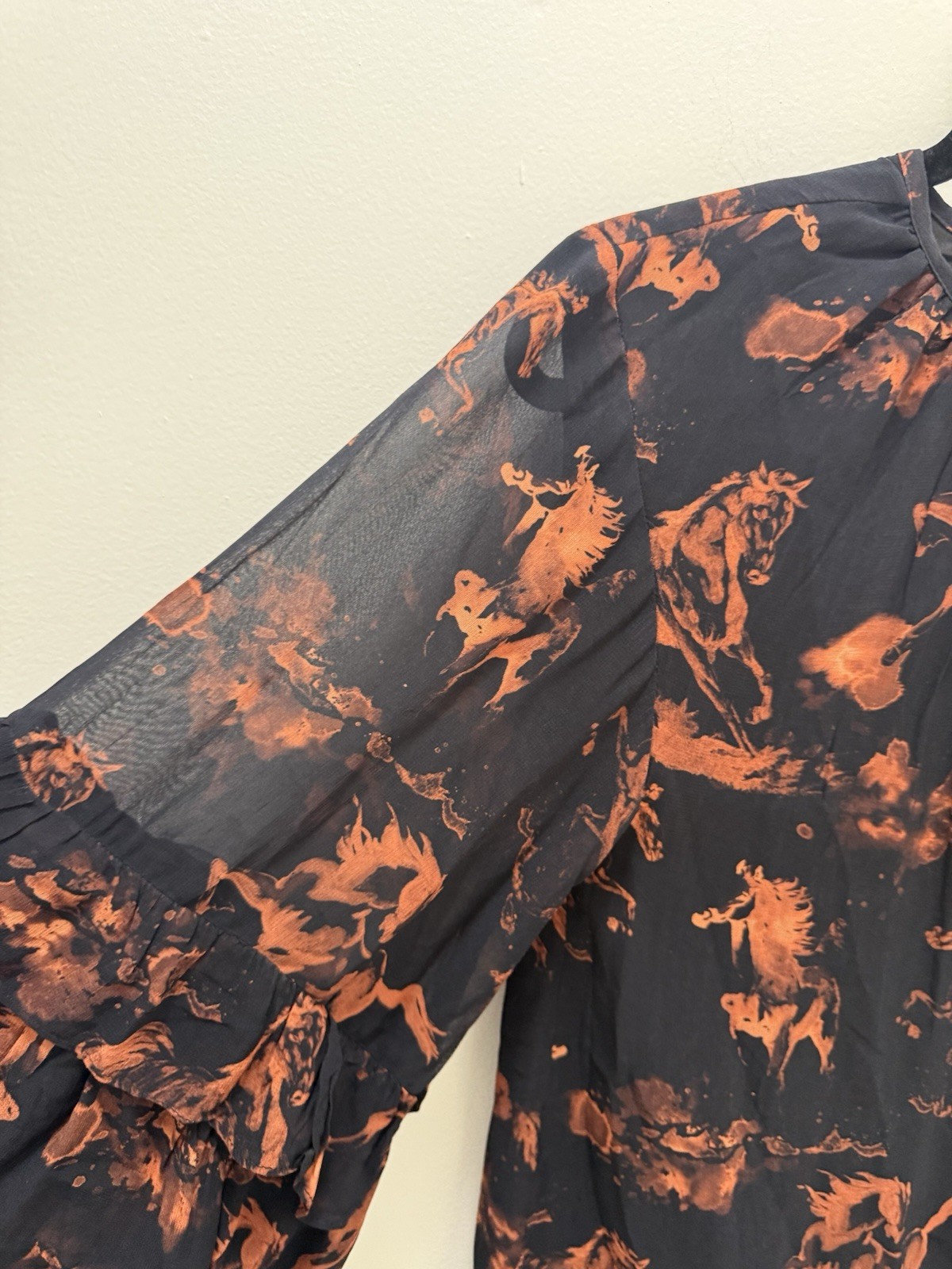 Nasty Gal Stallion Horse Print Ruffle Bell Sleeve Mini Dress Black Rust US 8