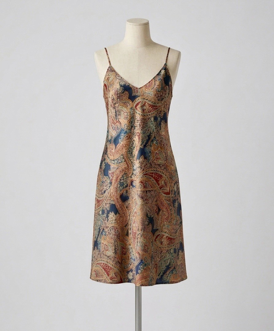 Y2K Paisley Slip Dress Navy Burgundy Gold Satin Spaghetti Strap Midi S Bias Cut